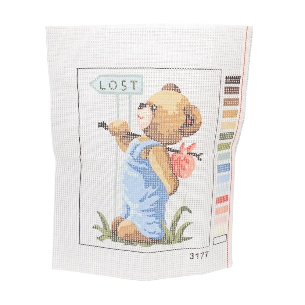 Vintage Teddy Bear Lost Sign Overalls Needlepoint Canvas Printed Mesh 3177